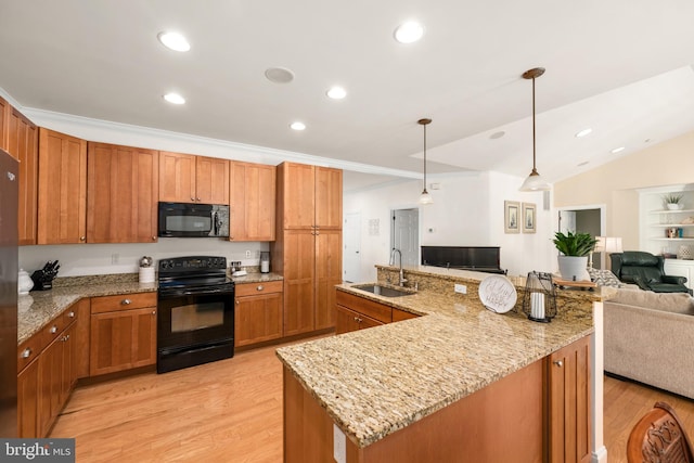 kitchen featuring sink, light wood-type flooring, pendant lighting, a large island, and black appliances