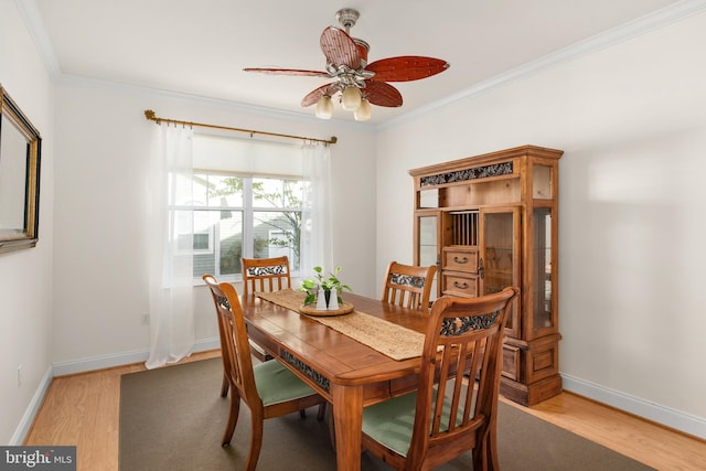 dining area with crown molding, light hardwood / wood-style floors, and ceiling fan