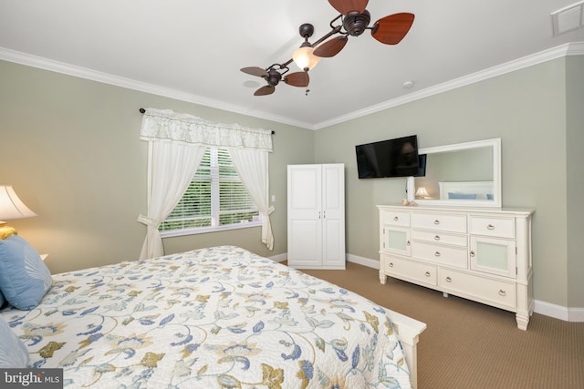 carpeted bedroom with crown molding and ceiling fan