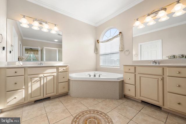 bathroom with tile patterned flooring, ornamental molding, and plus walk in shower