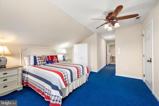 carpeted bedroom featuring lofted ceiling and ceiling fan