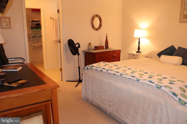 bedroom featuring a closet, light colored carpet, and a spacious closet