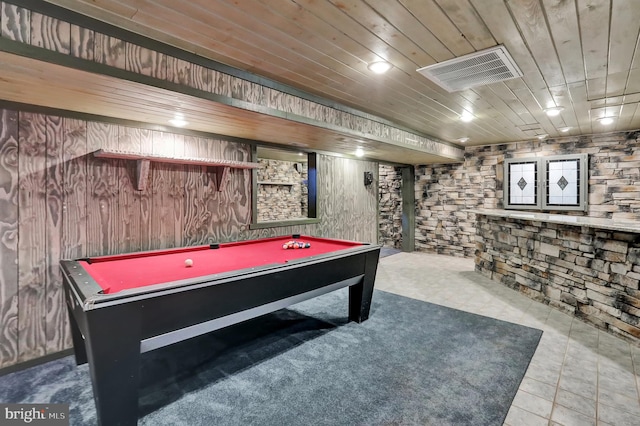 rec room featuring billiards, carpet, and wood ceiling