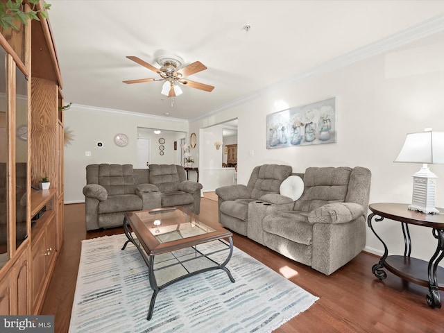 living room featuring dark hardwood / wood-style floors, ornamental molding, and ceiling fan