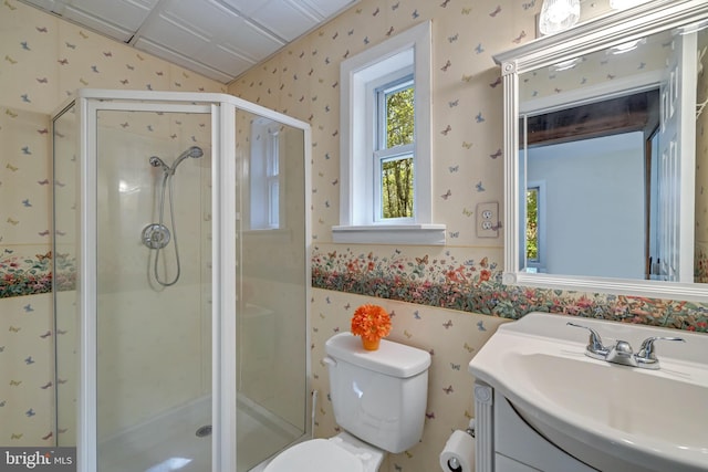 bathroom with a shower with shower door, toilet, and vanity