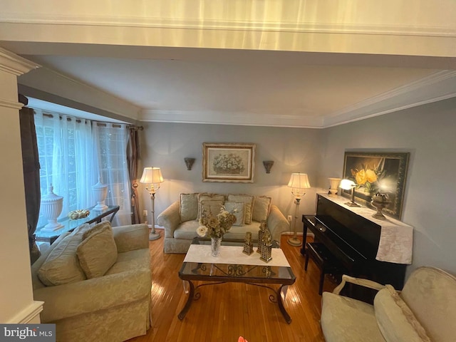 living area featuring hardwood / wood-style flooring and ornamental molding