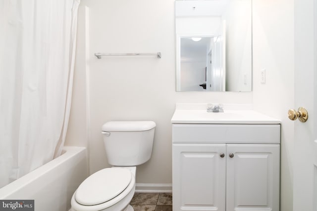 full bathroom with tile patterned flooring, vanity, toilet, and shower / tub combo with curtain