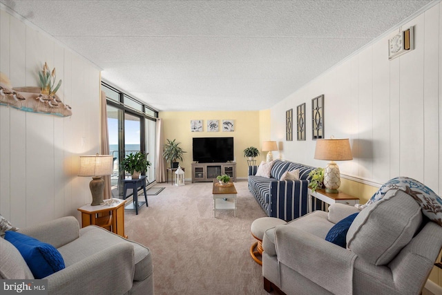 living room with a textured ceiling and carpet flooring