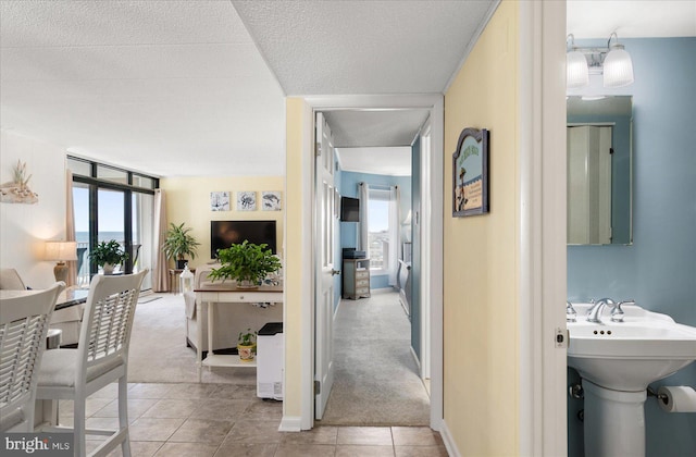 hall with light carpet, a textured ceiling, and sink