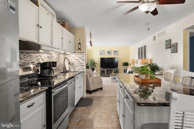 kitchen with ceiling fan, sink, appliances with stainless steel finishes, and white cabinets