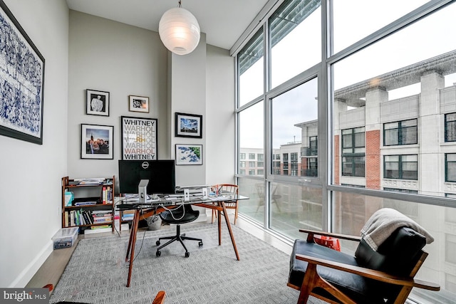 office with wood-type flooring and a towering ceiling