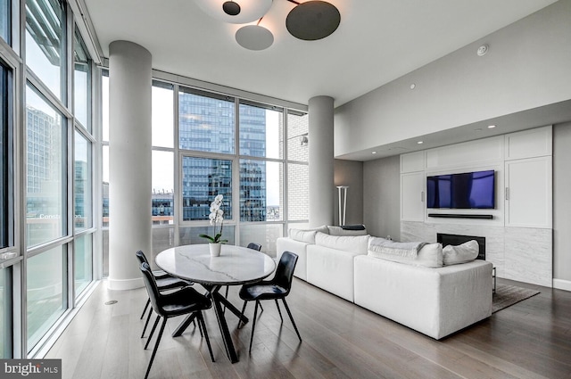 living room with expansive windows, hardwood / wood-style flooring, and plenty of natural light