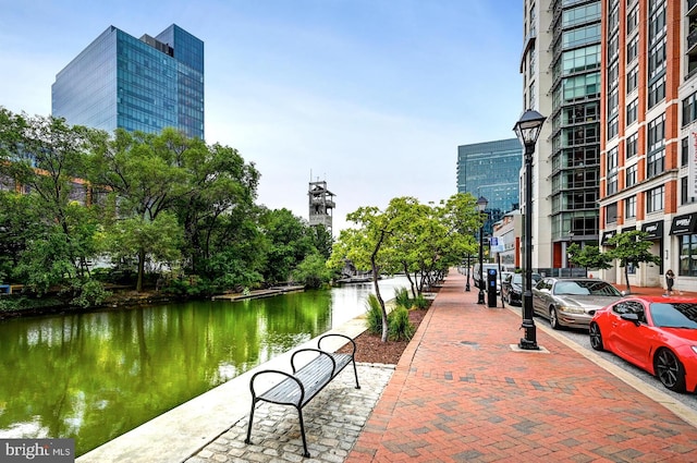 view of community with a water view