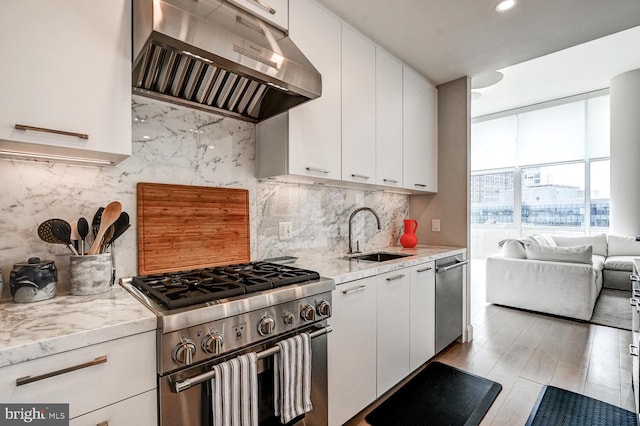 kitchen with light stone countertops, white cabinetry, sink, and stainless steel stove