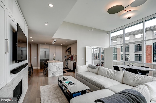 living room with dark wood-type flooring