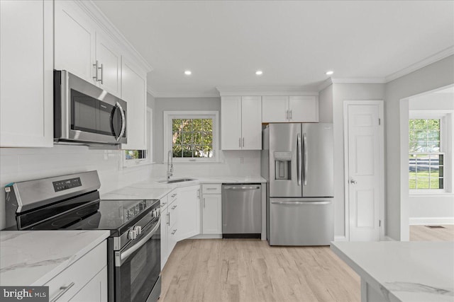 kitchen featuring ornamental molding, a sink, appliances with stainless steel finishes, white cabinetry, and backsplash