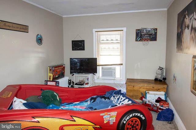 bedroom with cooling unit, crown molding, and carpet