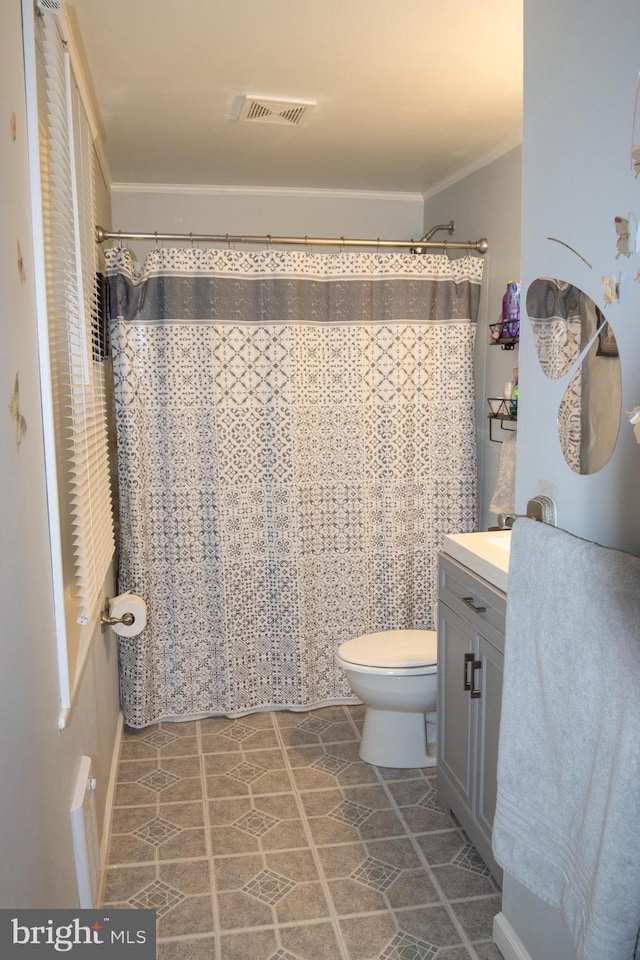 bathroom with vanity, tile patterned flooring, toilet, ornamental molding, and a shower with curtain