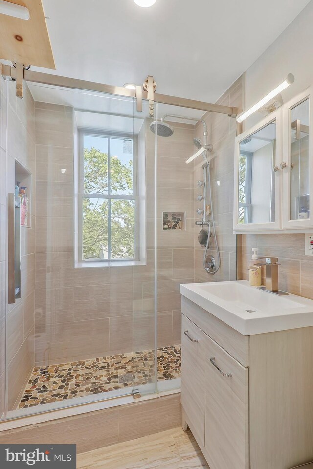 bathroom with a shower with door and vanity