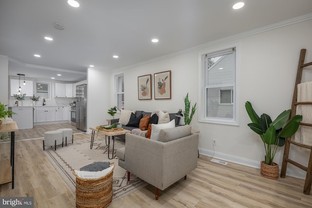 living room with light hardwood / wood-style floors and crown molding