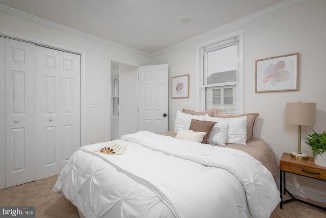 bedroom featuring ornamental molding, light colored carpet, and a closet