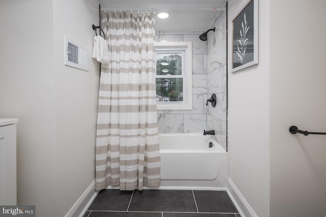 bathroom with shower / bath combination with curtain, tile patterned flooring, and vanity