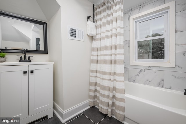 bathroom with vanity, tile patterned floors, and shower / bathtub combination with curtain