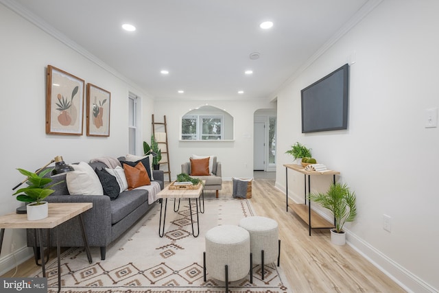 living room featuring crown molding and light hardwood / wood-style flooring