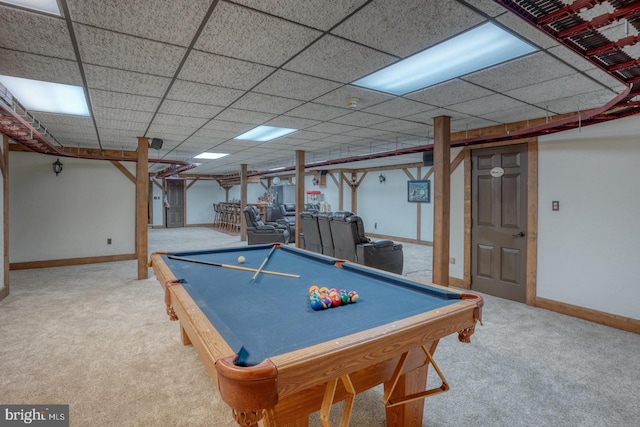 playroom with pool table, carpet, and a drop ceiling