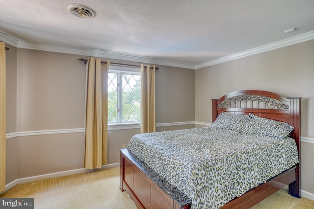 carpeted bedroom with crown molding and a textured ceiling