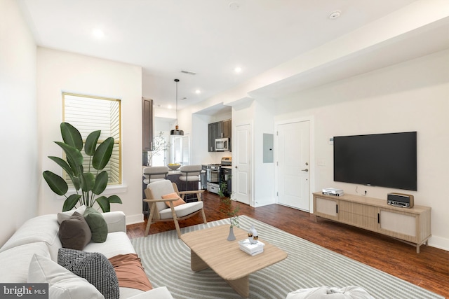 living room with dark wood-type flooring and electric panel