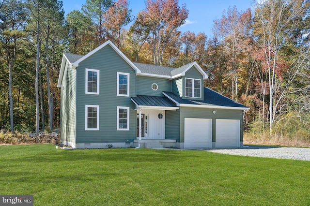 view of front of property with a front yard, gravel driveway, a shingled roof, a garage, and crawl space