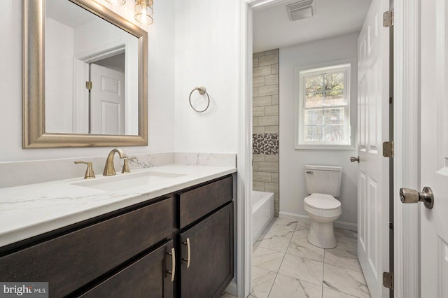 bathroom with visible vents, baseboards, toilet, marble finish floor, and vanity