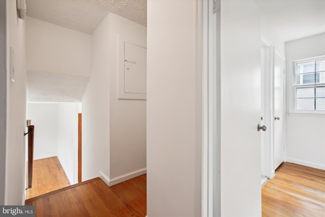 hallway with hardwood / wood-style flooring and a textured ceiling