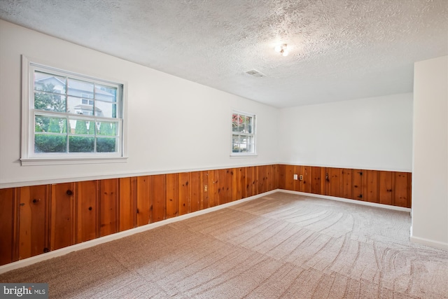 spare room featuring carpet floors, wooden walls, and a textured ceiling