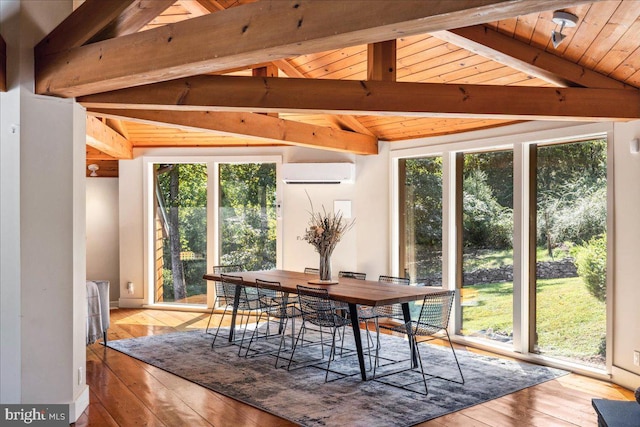 dining area featuring a healthy amount of sunlight, hardwood / wood-style floors, a wall mounted air conditioner, vaulted ceiling with beams, and wood ceiling