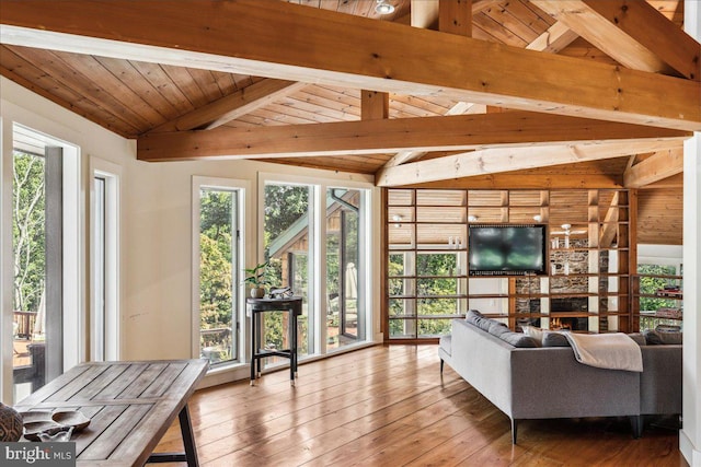 living room featuring hardwood / wood-style floors, wood ceiling, and lofted ceiling with beams