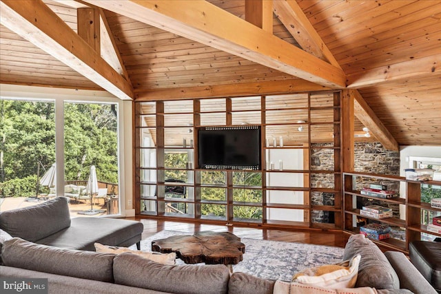 living room with hardwood / wood-style floors, wood ceiling, and vaulted ceiling with beams