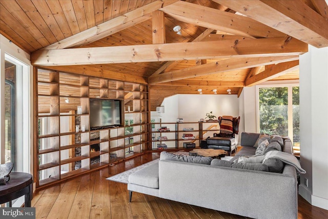 living room featuring hardwood / wood-style floors, wood ceiling, log walls, and vaulted ceiling with beams