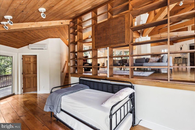 bedroom featuring wood ceiling, vaulted ceiling, hardwood / wood-style flooring, and a wall mounted air conditioner