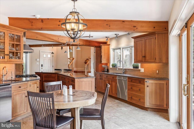 kitchen featuring pendant lighting, backsplash, stainless steel appliances, sink, and a chandelier