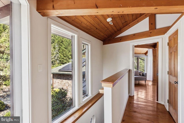 hall featuring lofted ceiling with beams, wood ceiling, and wood-type flooring