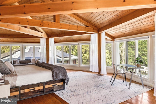 bedroom featuring hardwood / wood-style flooring, lofted ceiling with beams, and wooden ceiling