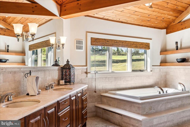 bathroom with wood ceiling, a relaxing tiled tub, vanity, and tile patterned floors