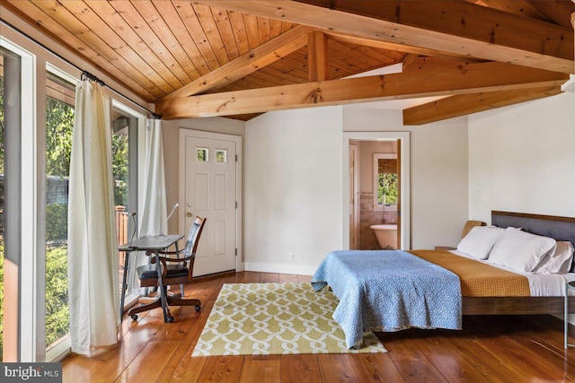 bedroom with wooden ceiling, lofted ceiling with beams, hardwood / wood-style flooring, and ensuite bathroom