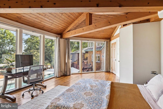 office area featuring wood ceiling, light wood-type flooring, and vaulted ceiling with beams