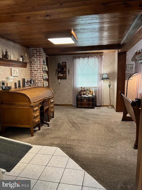 interior space featuring wooden ceiling and light tile patterned flooring