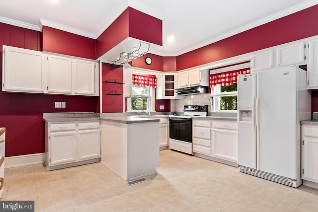 kitchen with visible vents, under cabinet range hood, white refrigerator with ice dispenser, electric stove, and white cabinets