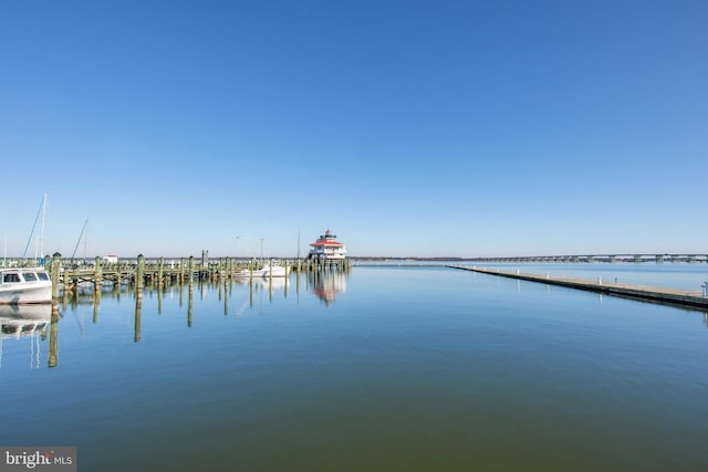 property view of water featuring a boat dock