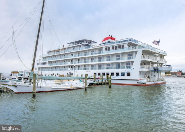 view of building exterior with a water view